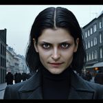 Kafka**

A mysterious and beautiful woman, Kafka, with a slightly sinister smile. Emphasize her cold, calculating gaze and her manipulative aura. Dark clothing and a futuristic, urban background would enhance the image.

**